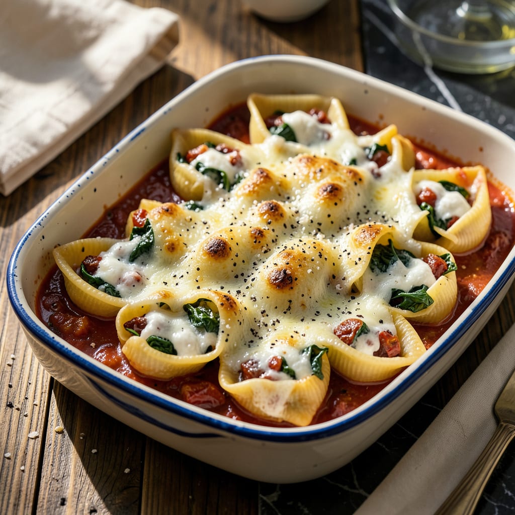 Stuffed Shells Recipe: Three Cheese Surprise With Spinach & Sun Dried Tomatoes illustration with key details