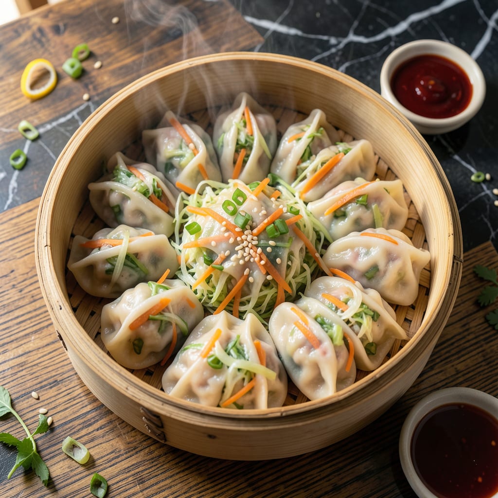 Veg Steamed Momos Recipe: Himalayan Dumplings With Spiced Fillings illustration with key details