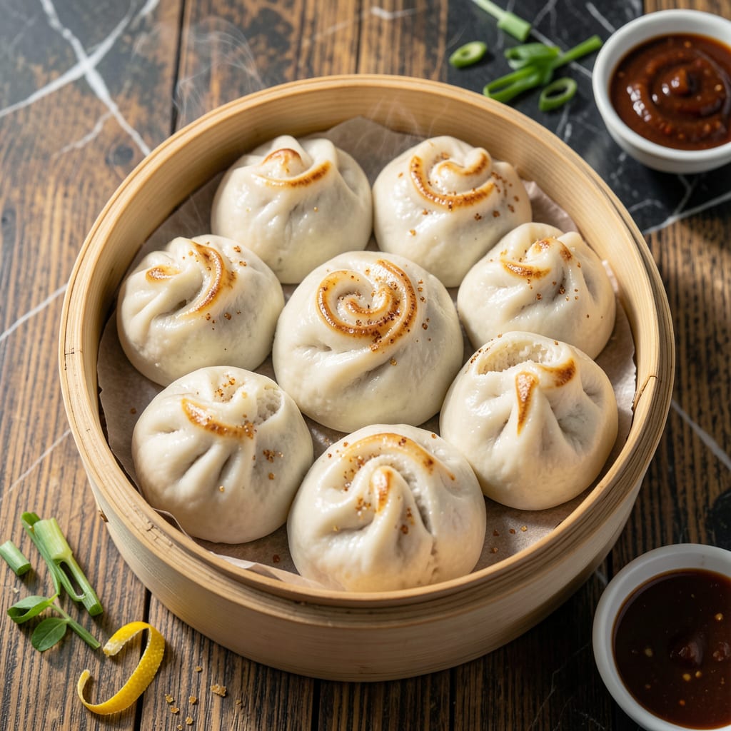vegan steam bun recipe illustration with key details