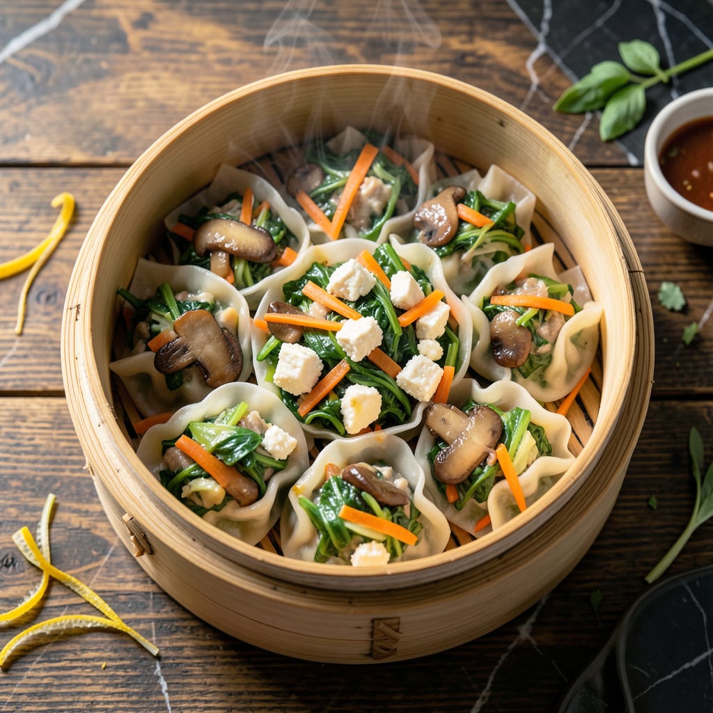 Vegan Steamed Dumplings Recipe: Asian Inspired Pleasantly Chewy Bites illustration with key details