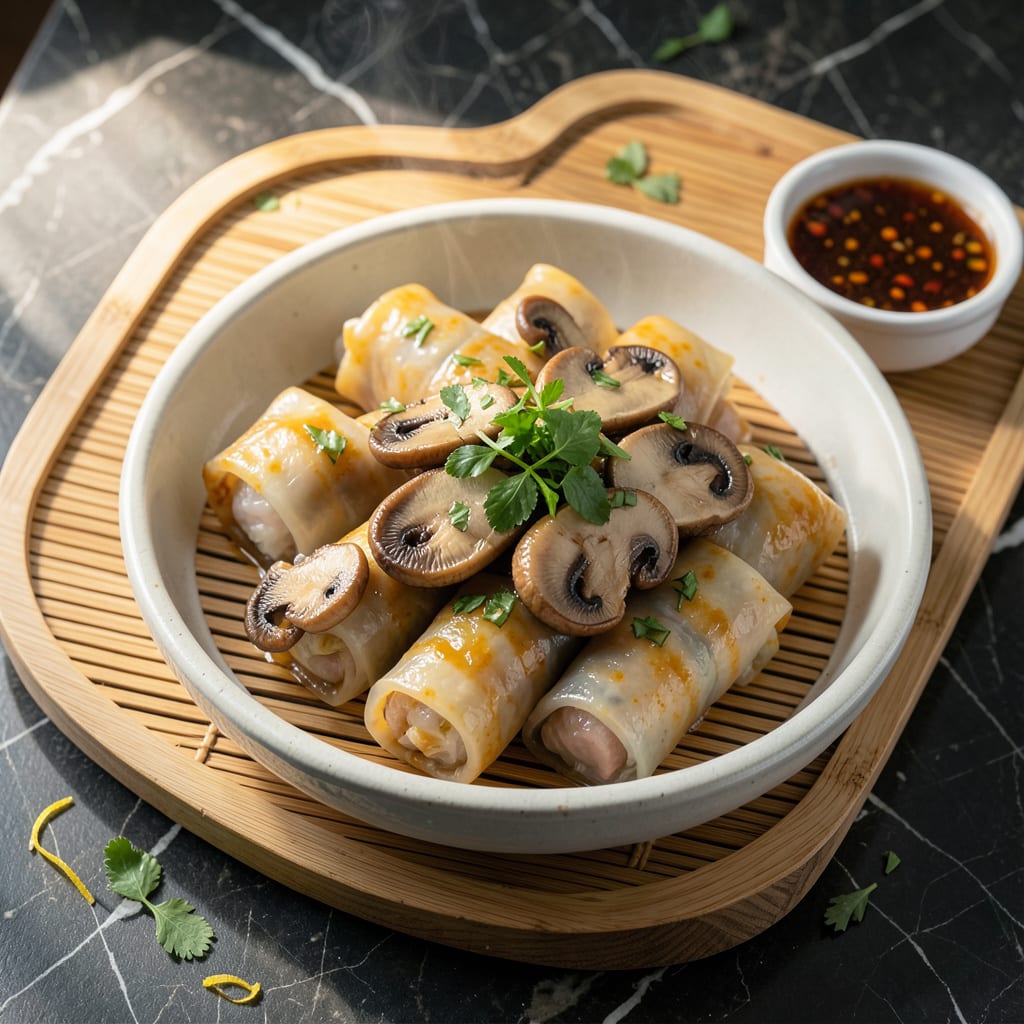 Visual representation of Vietnamese Steamed Rice Rolls Recipe: Translucent Noodles With Shrimp and Herbs