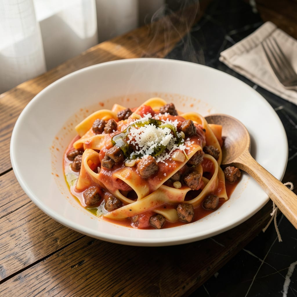 Visual representation of vodka sauce recipe with meat