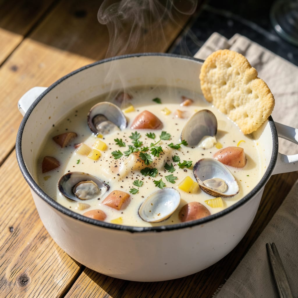 Complete woodmans clam chowder recipe overview image