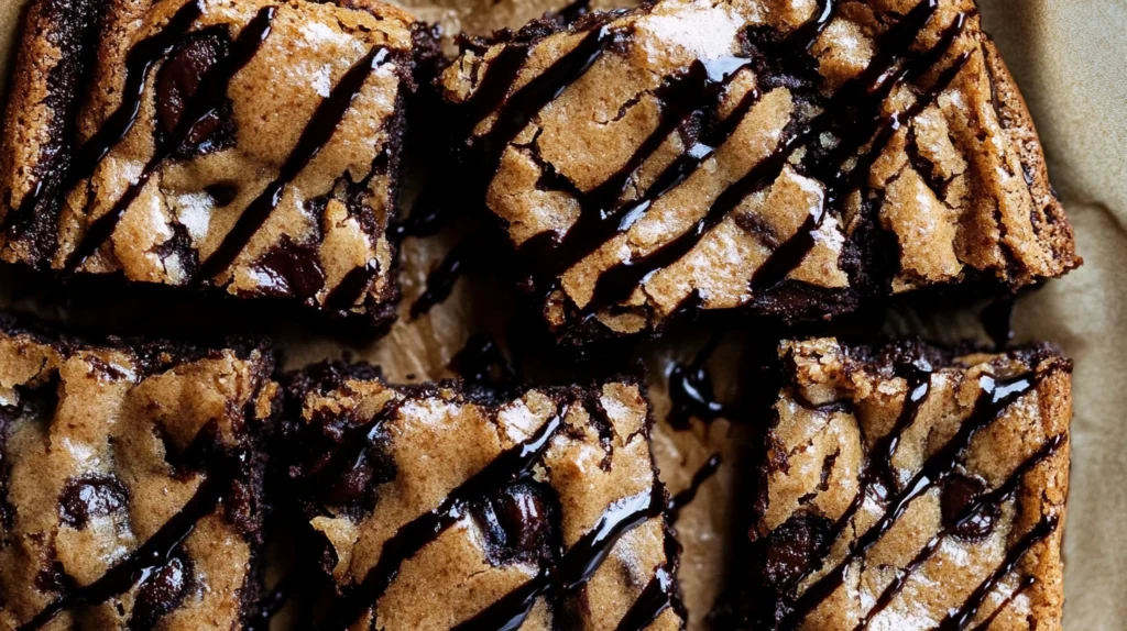 Close-up of gooey brookie squares drizzled with chocolate syrup on parchment paper