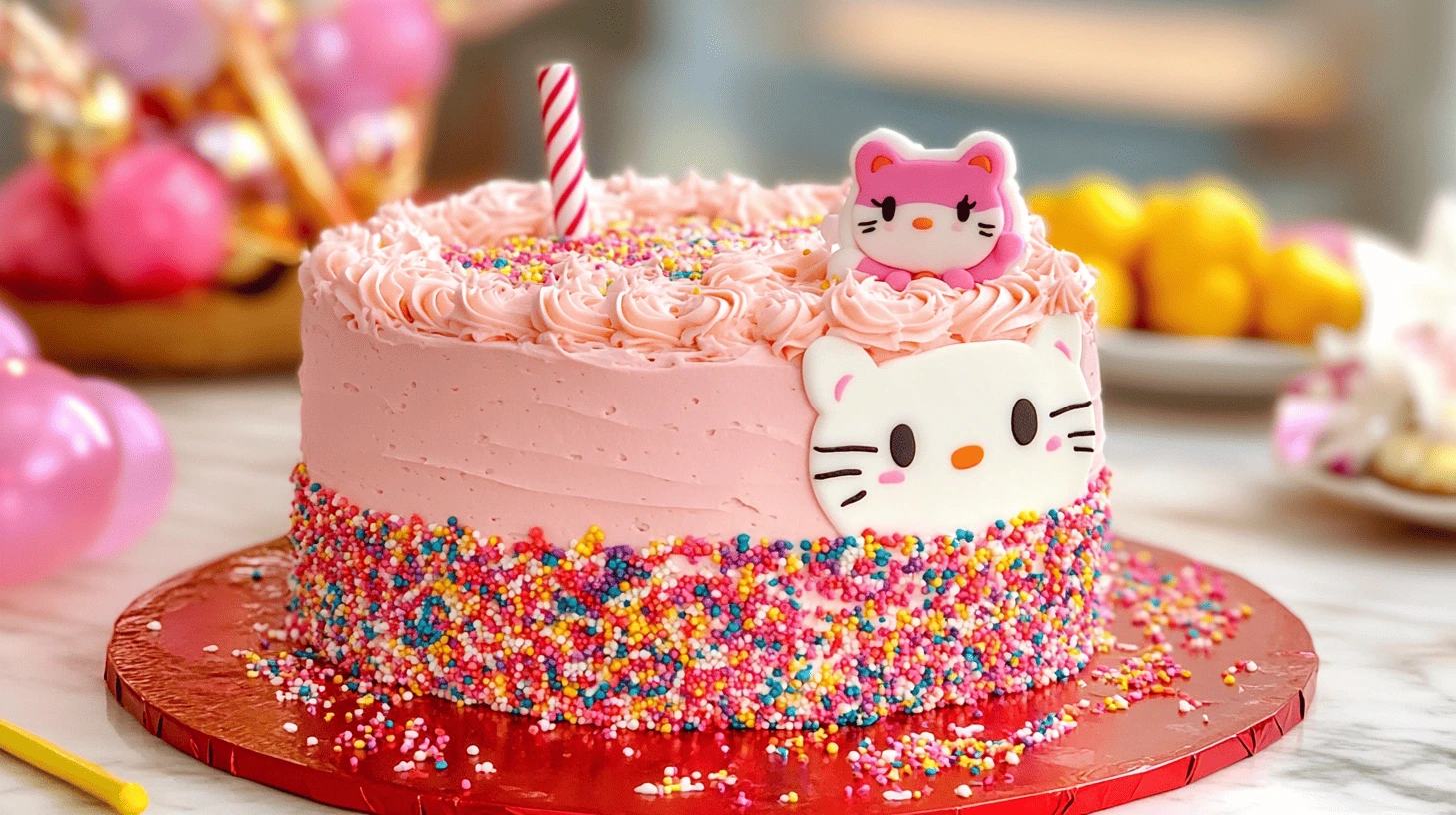 "A pink birthday cake with white and pink Hello Kitty decorations and sprinkles."