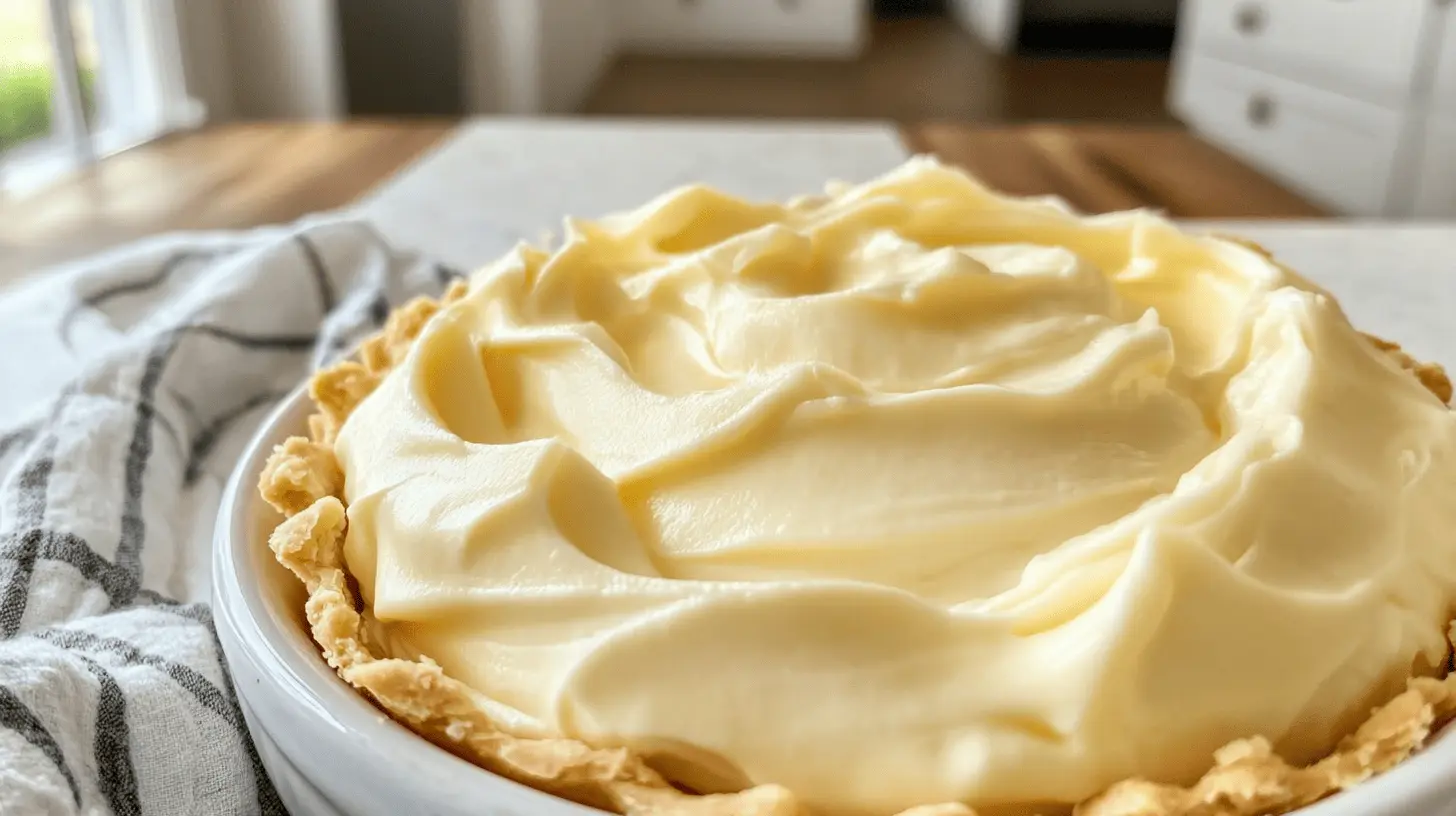 Cream cheese filling spread smoothly in a pie crust, placed on a kitchen counter.