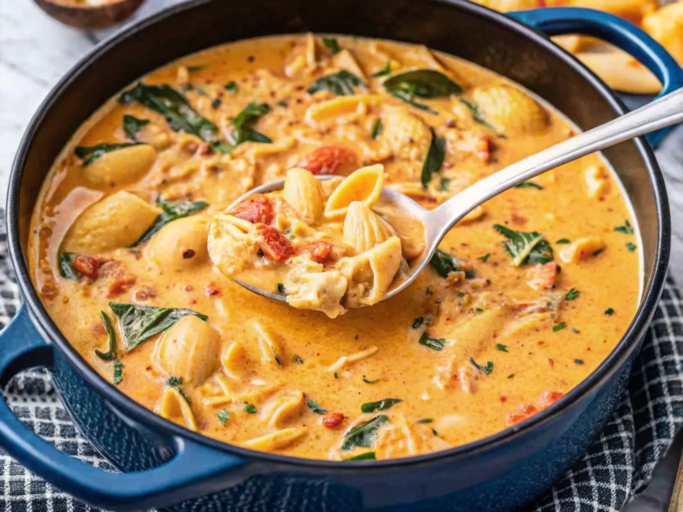 A pot of creamy Marry Me Chicken Soup with pasta shells, spinach, and tomatoes, served in a blue pot with a spoonful of the soup being lifted.