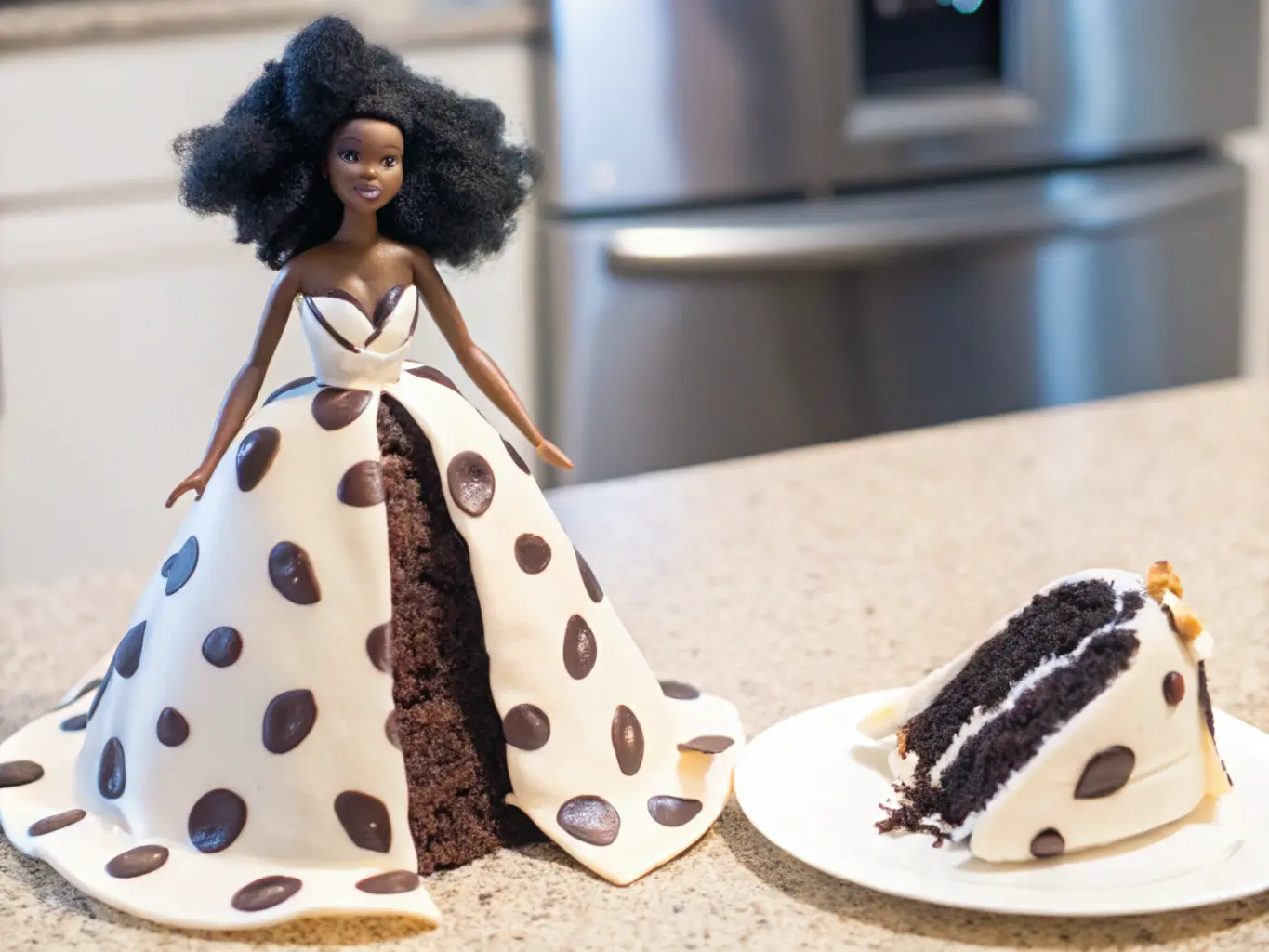 A doll with a dark brown complexion, African-inspired hairstyle, and a polka dot gown integrated into a matching doll-shaped cake. A slice of the cake is on a plate beside it, set in a bright kitchen with stainless steel appliances.