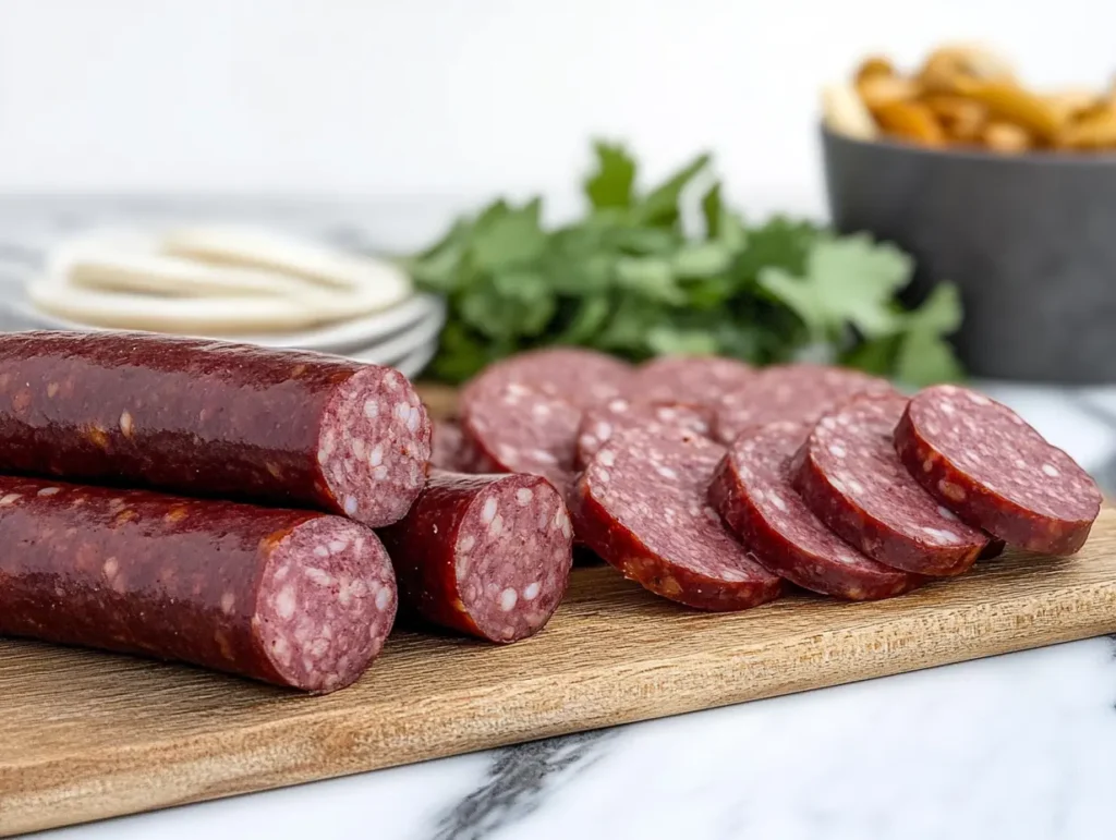 Homemade summer sausage slices on a wooden cutting board with herbs, mustard, and crackers.