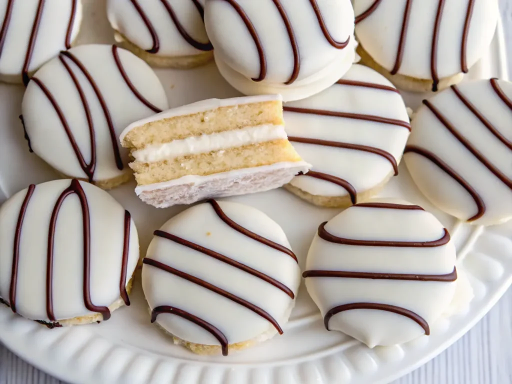 A close-up view of a white plate with zebra cakes, featuring chocolate and vanilla stripes.