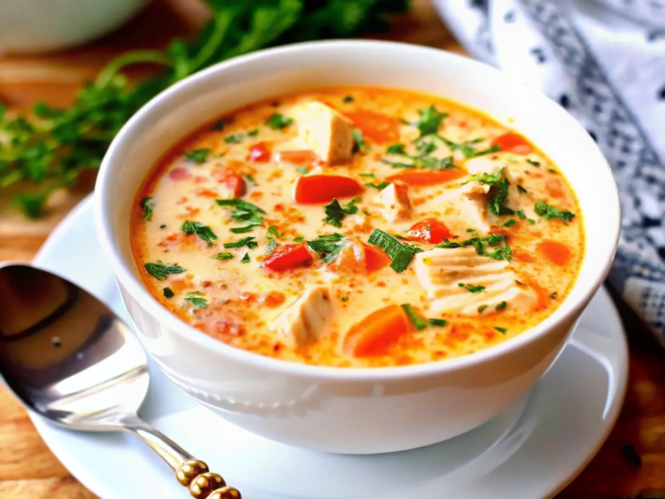 A bowl of creamy Marry Me Soup with chicken, tomatoes, and parsley garnish, served fresh.