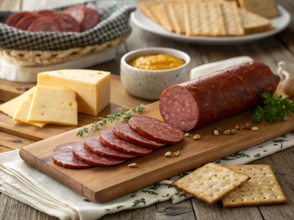 Summer sausage slices on a rustic charcuterie board with cheese, crackers, and herbs.