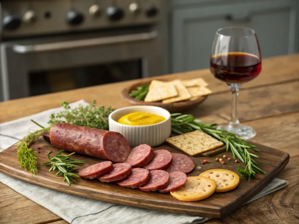 Homemade summer sausage slices on a rustic wooden platter with herbs, mustard, crackers, and red wine