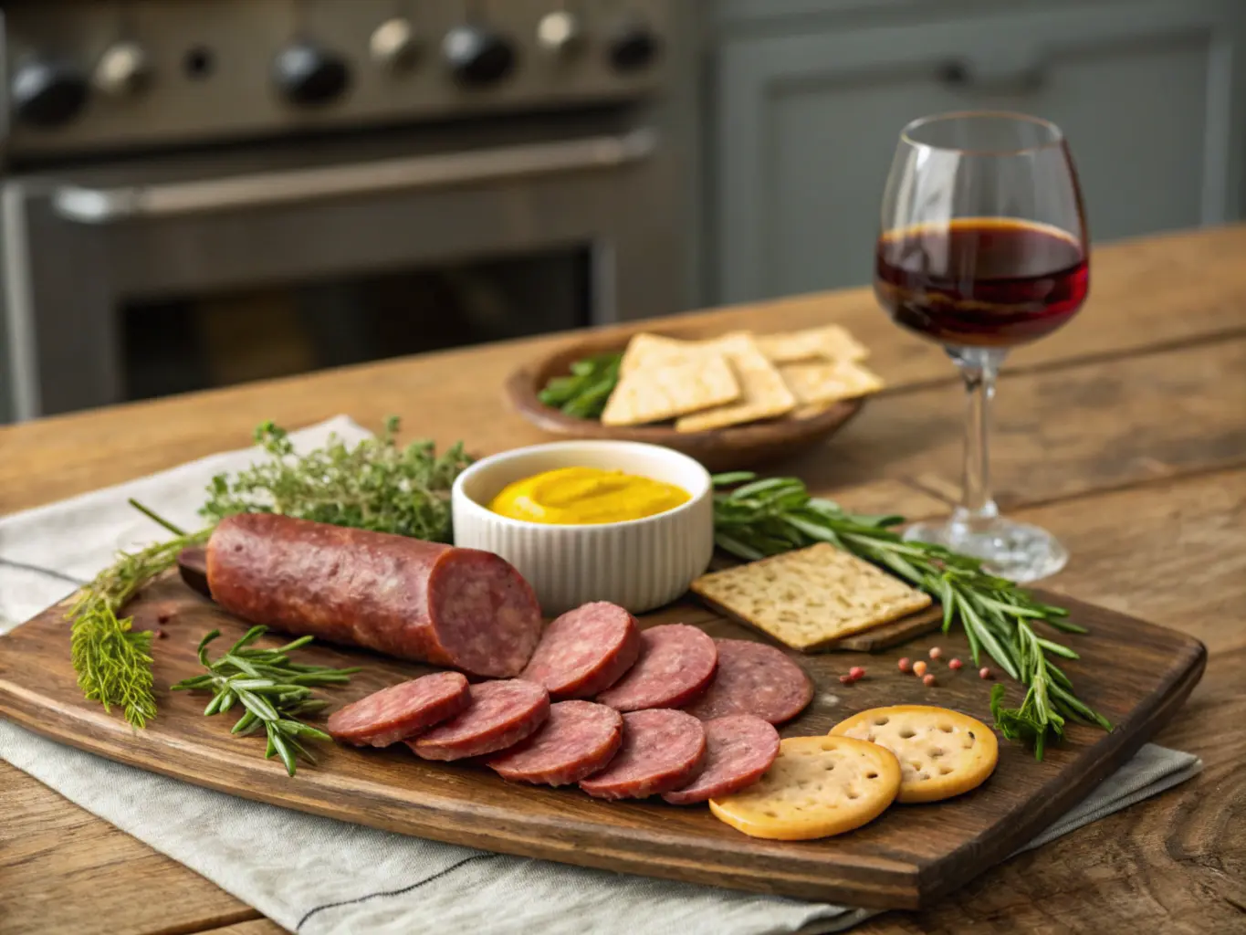 Homemade summer sausage slices on a rustic wooden platter with herbs, mustard, crackers, and red wine