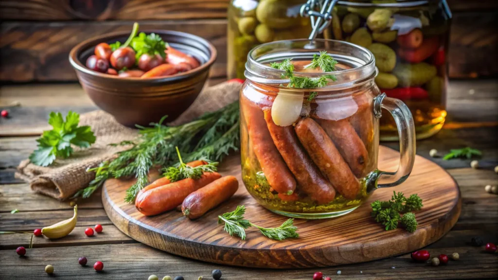 A glass jar filled with pickled sausages, fresh herbs, and assorted spices, sitting on a wooden table with natural lighting.