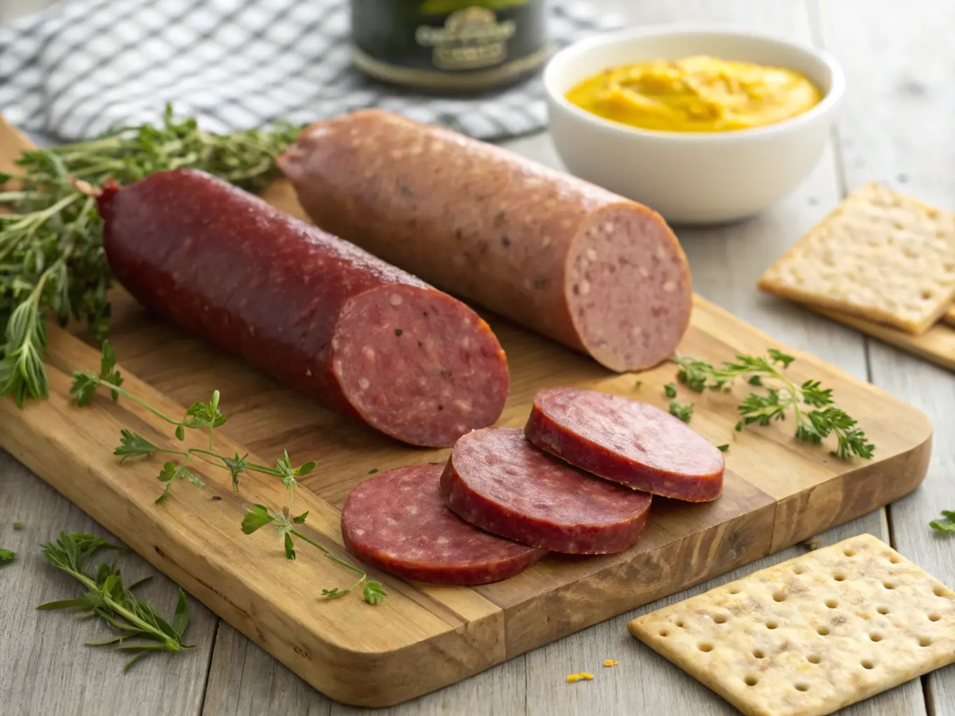 Side-by-side comparison of summer sausage and regular sausage on a wooden board with herbs, mustard, and crackers.