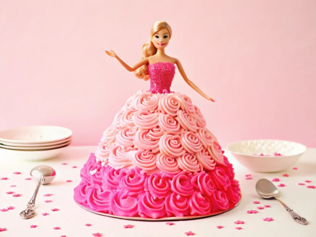 Barbie cake designed with a pink fondant gown, floral accents, and a Barbie doll centerpiece, perfect for celebrations.