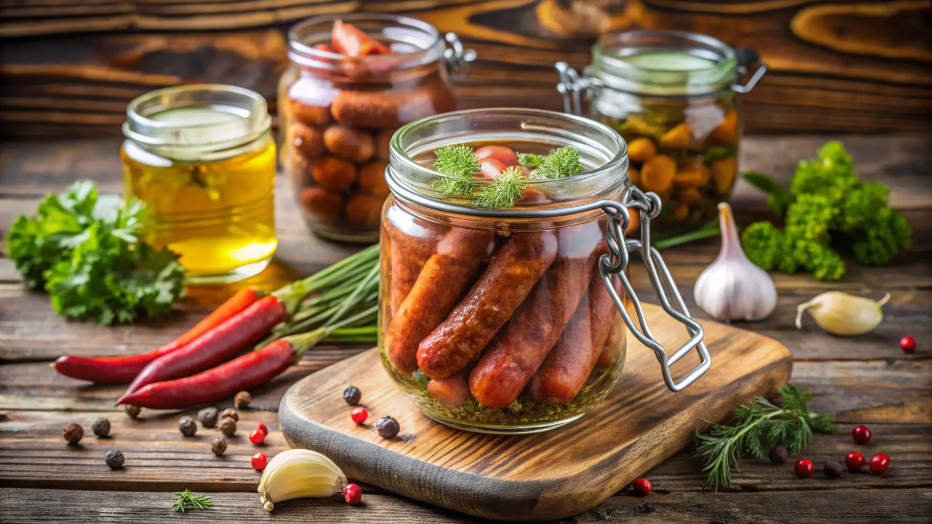 Jar of pickled sausages with fresh herbs and spices on a rustic wooden table, accompanied by a bowl of pickles and a glass of beer.