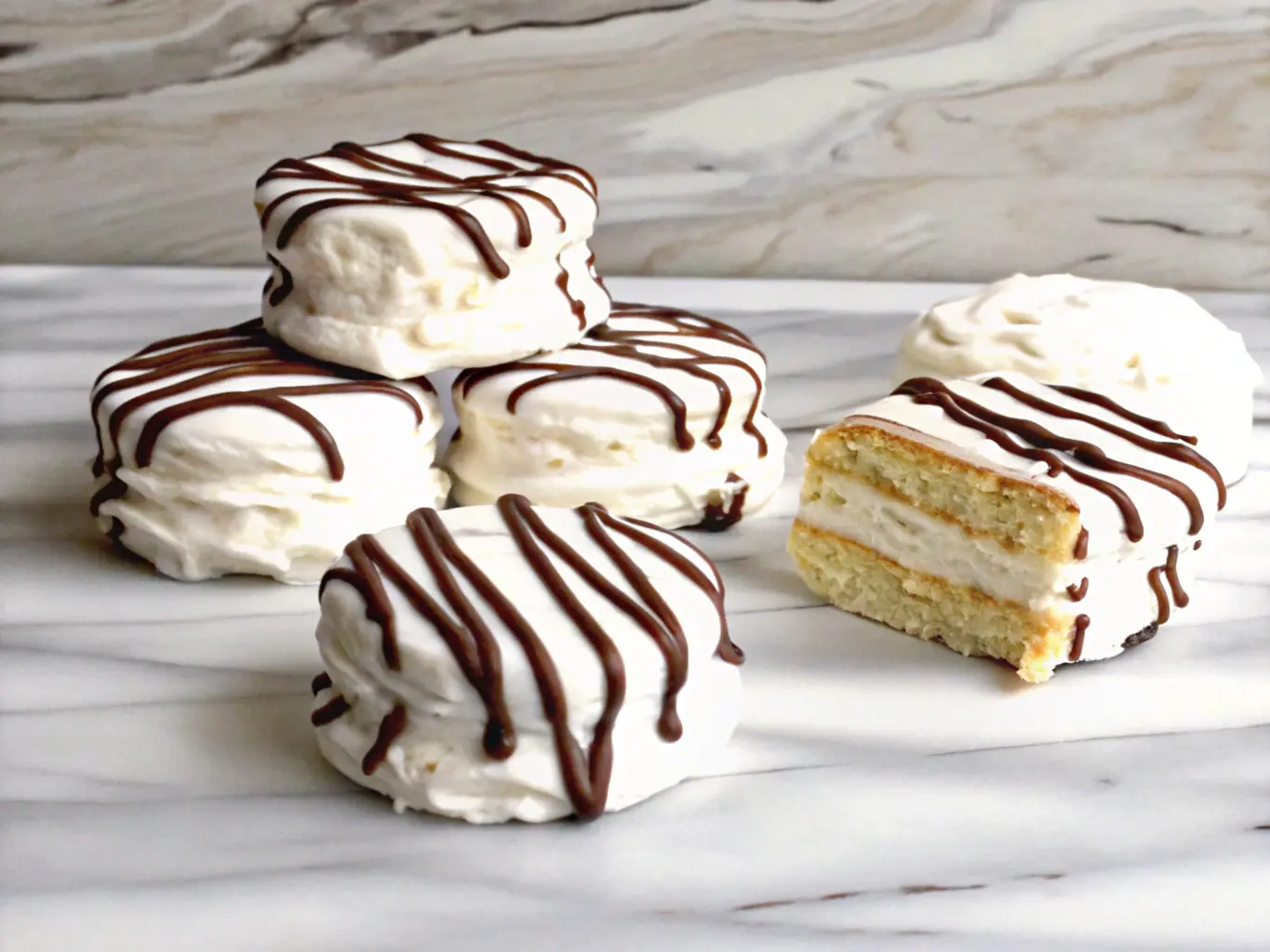 Bite-sized zebra cakes with creamy white filling and chocolate drizzle, displayed on a marble-tiled surface, with one partially sliced to reveal its layered interior.