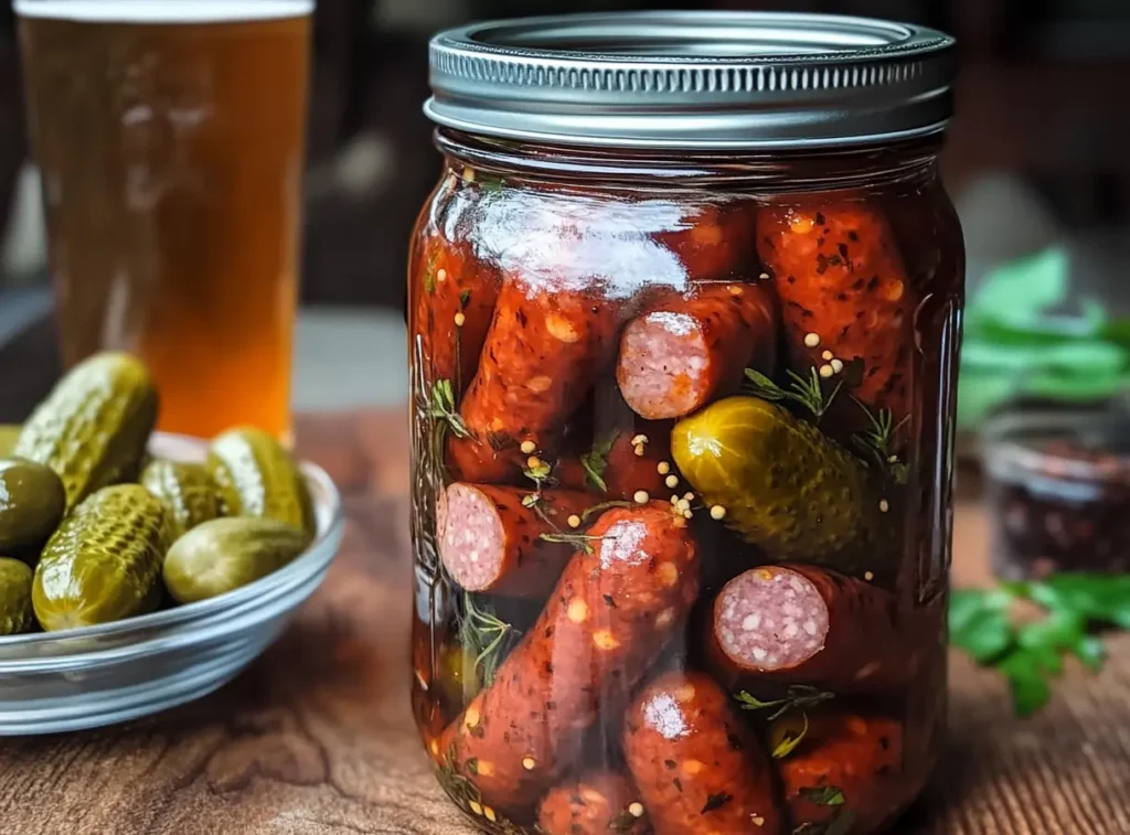 Jar of pickled sausage with herbs, spices, pickles, and beer on a rustic wooden table.